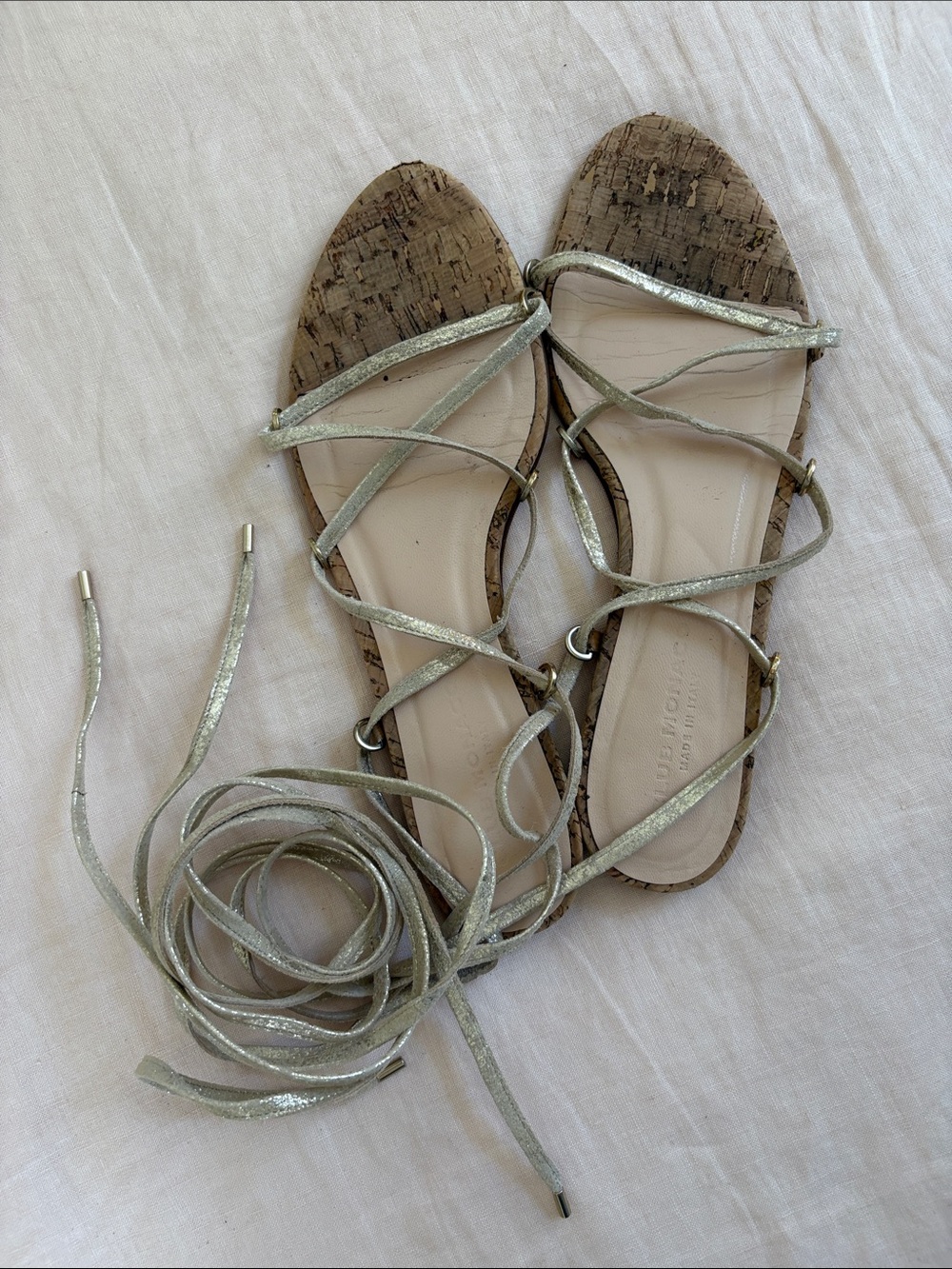 Club Monaco Metallic Silver Lace-Up Cork Sandals